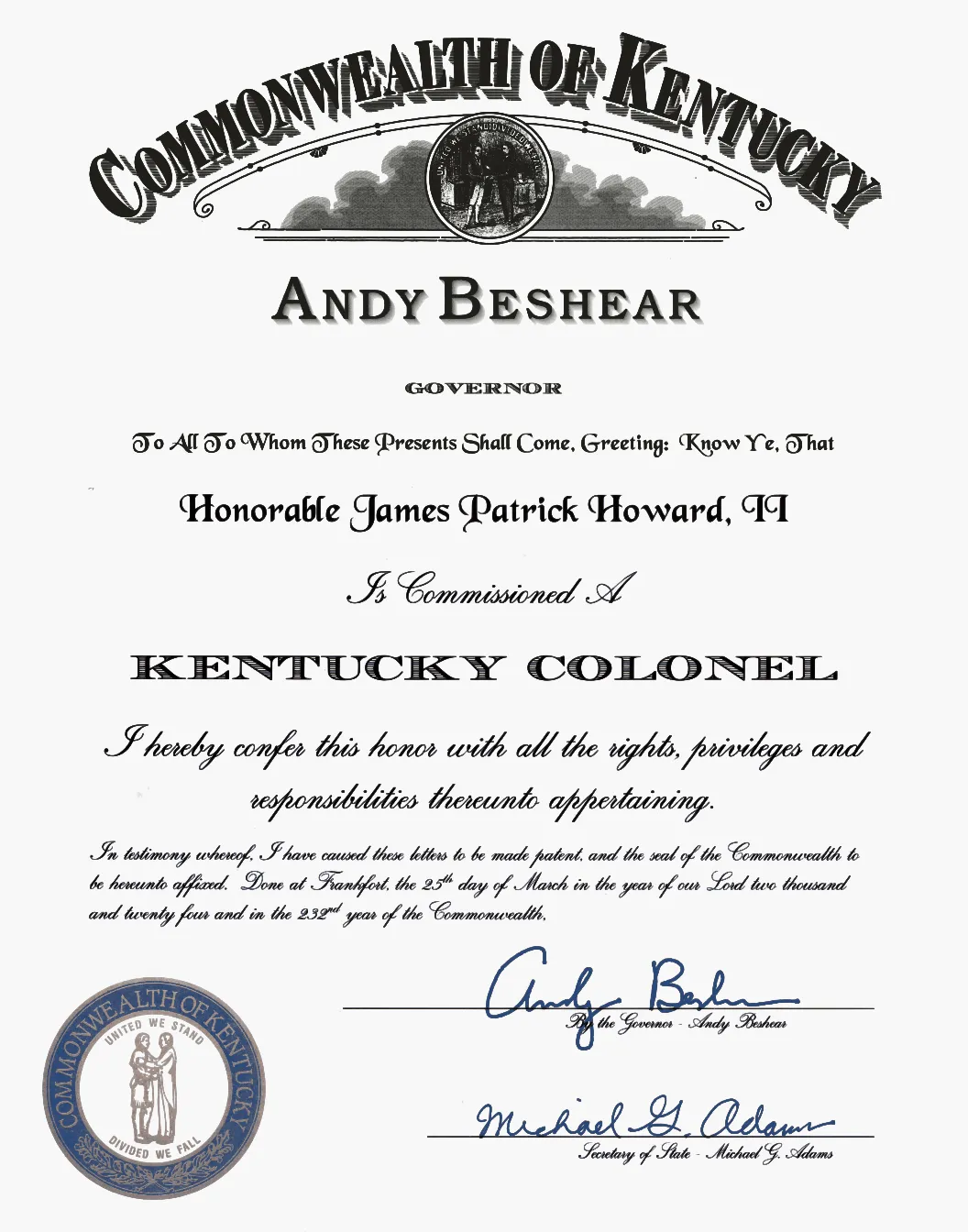 Commission appointing James Patrick Howard II a Kentucky Colonel, signed by Governor Andy Beshear and dated 25 March 2024