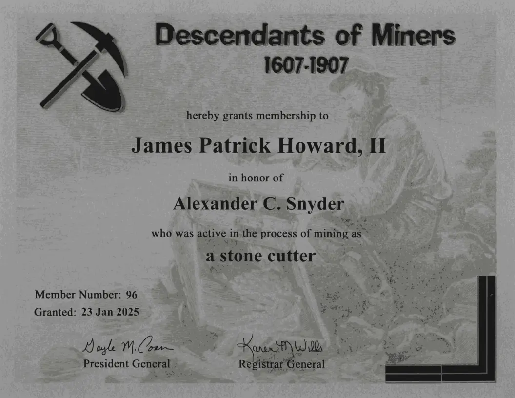 Membership certificate in the Descendants of Miners