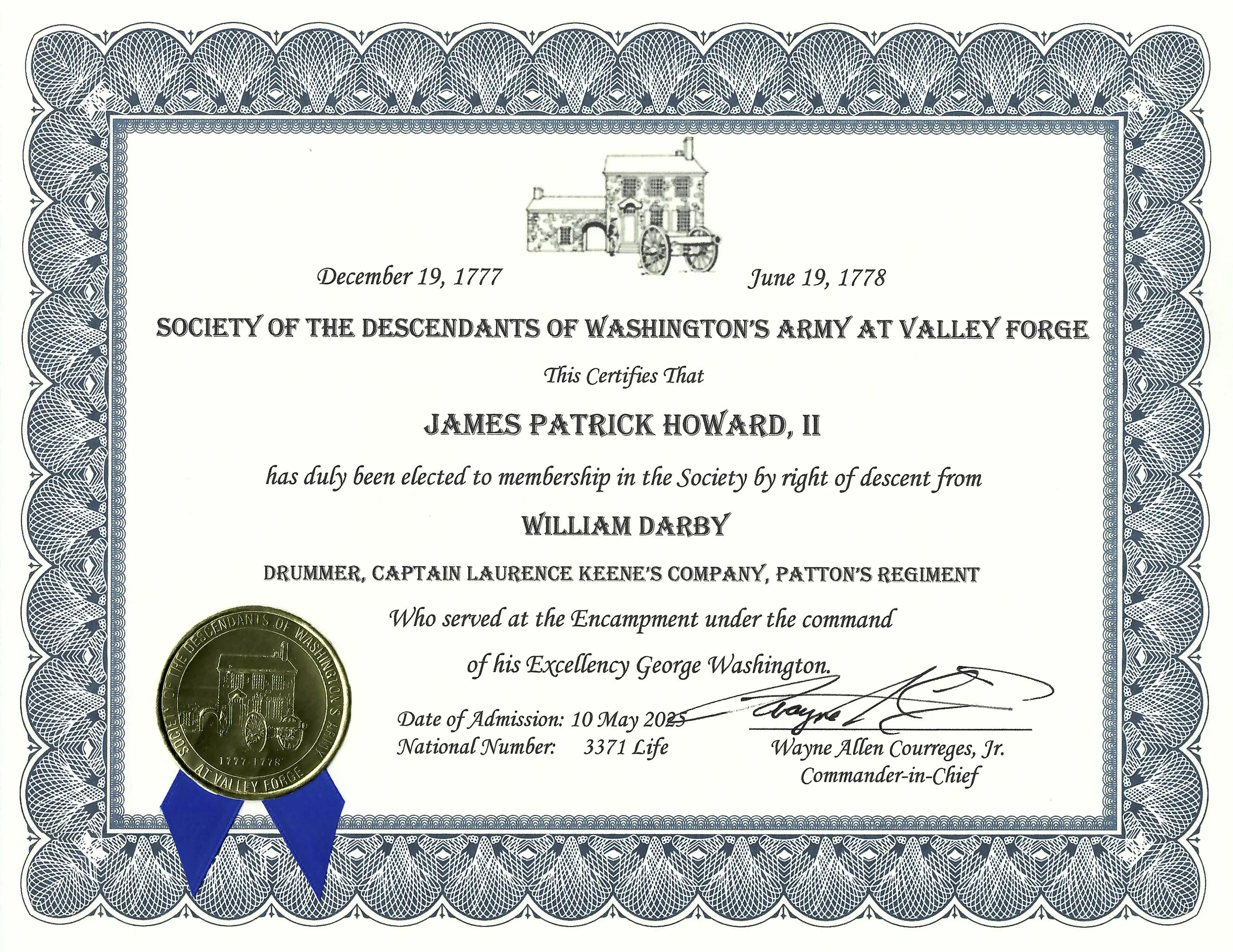 Membership certificate in the Society of the Descendants of Washington's Army at Valley Forge