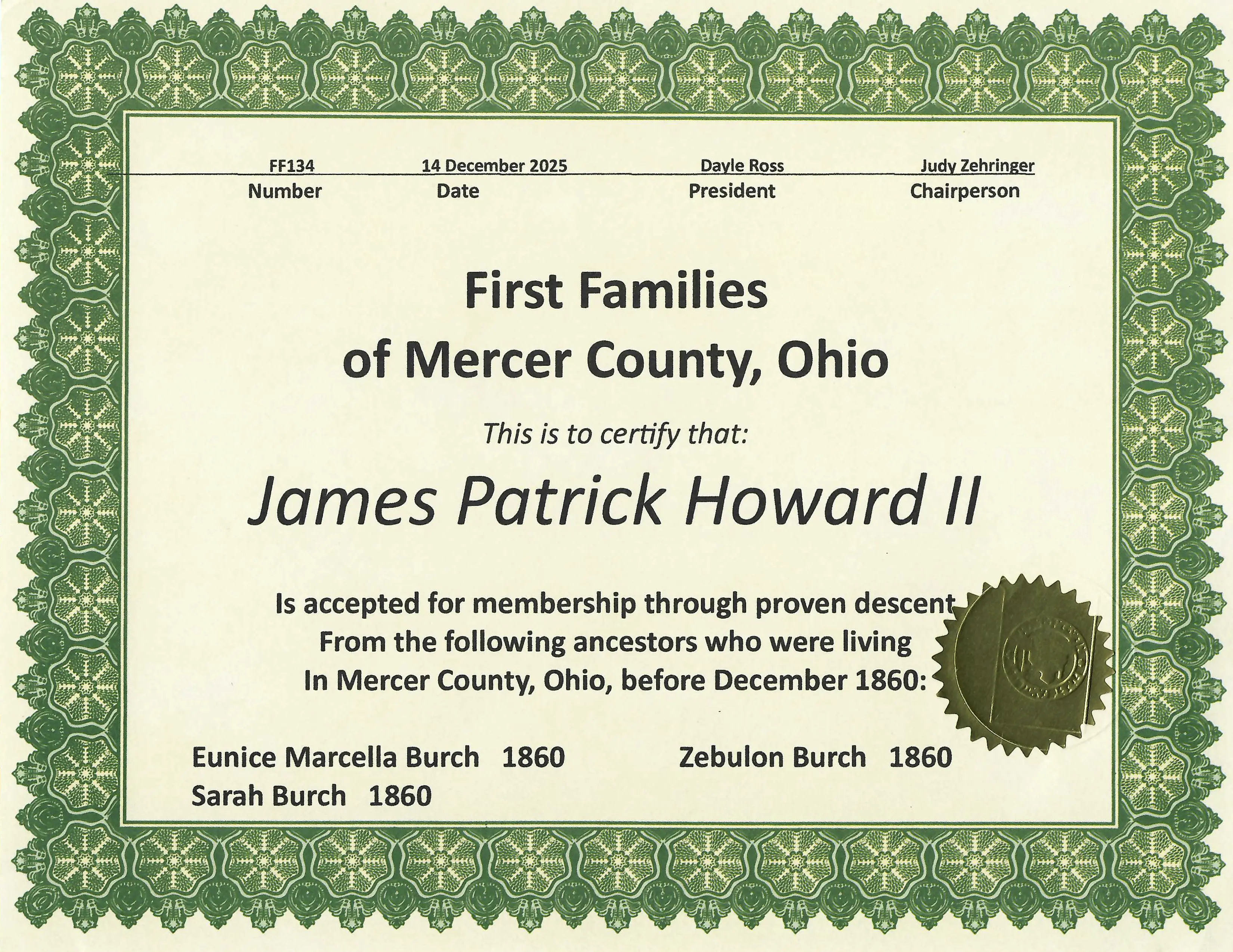 Membership certificate in the First Families of Mercer County