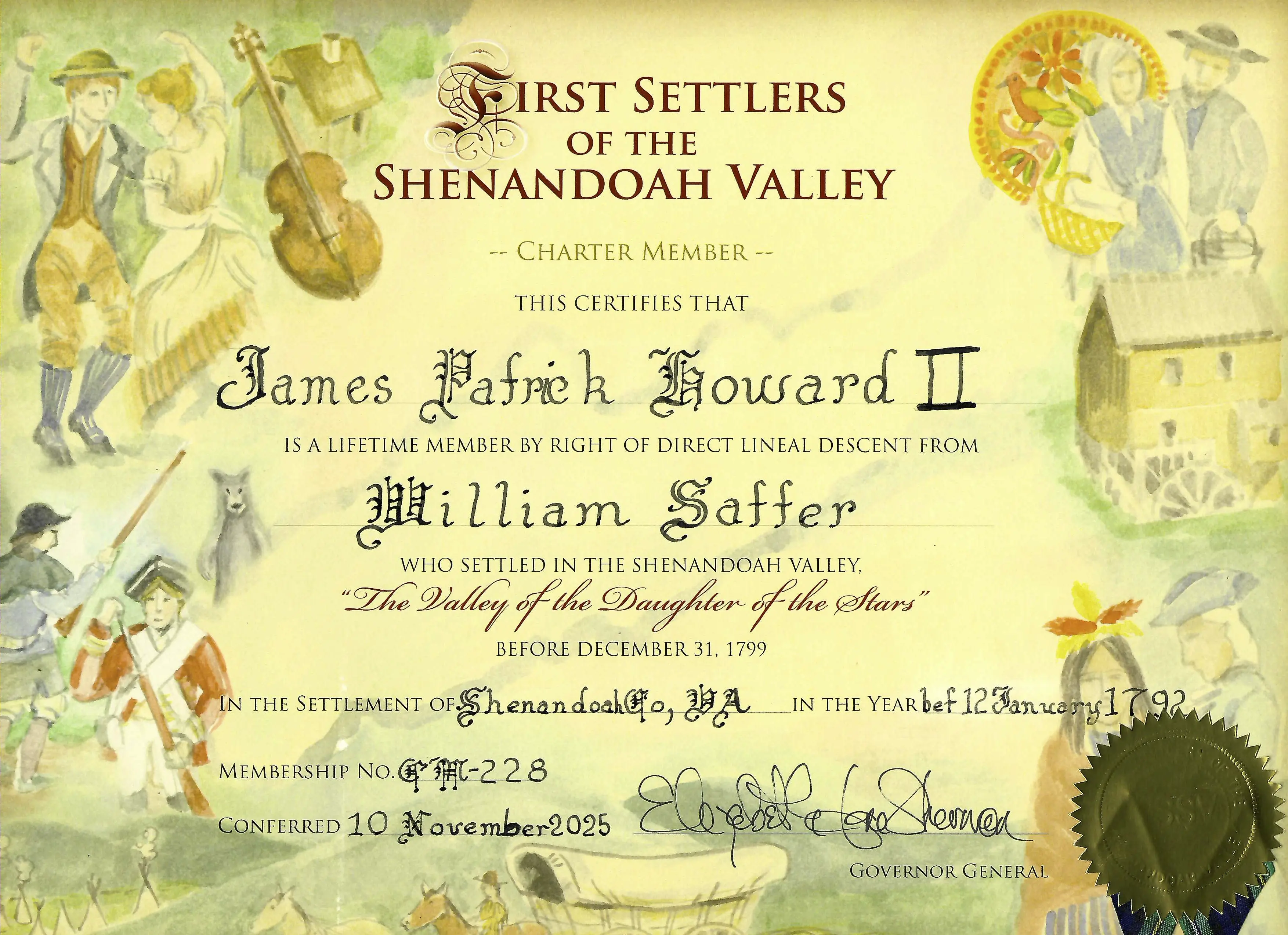 Membership certificate in the First Settlers of the Shenandoah Valley