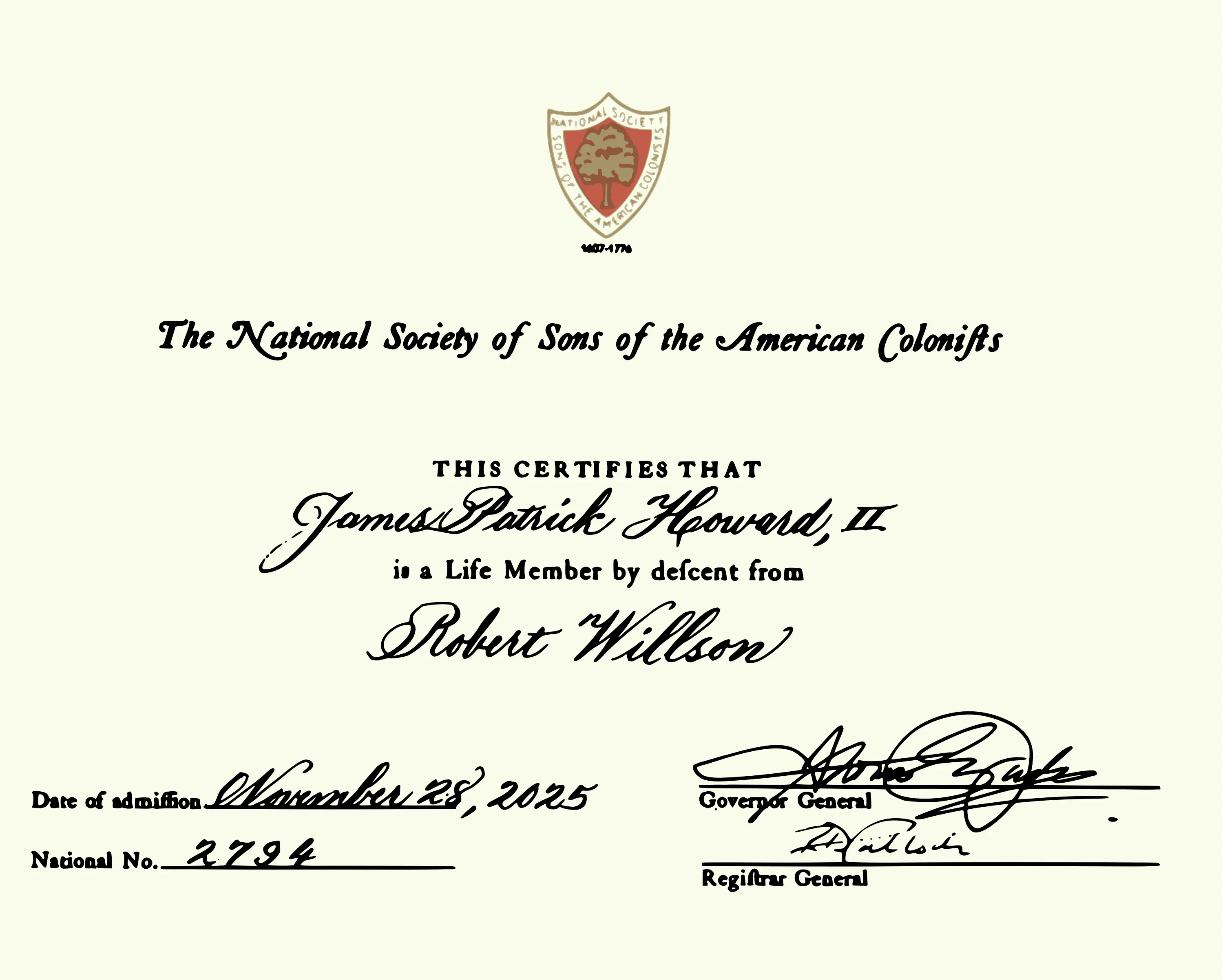 Membership certificate in the National Society, Sons of the American Colonists