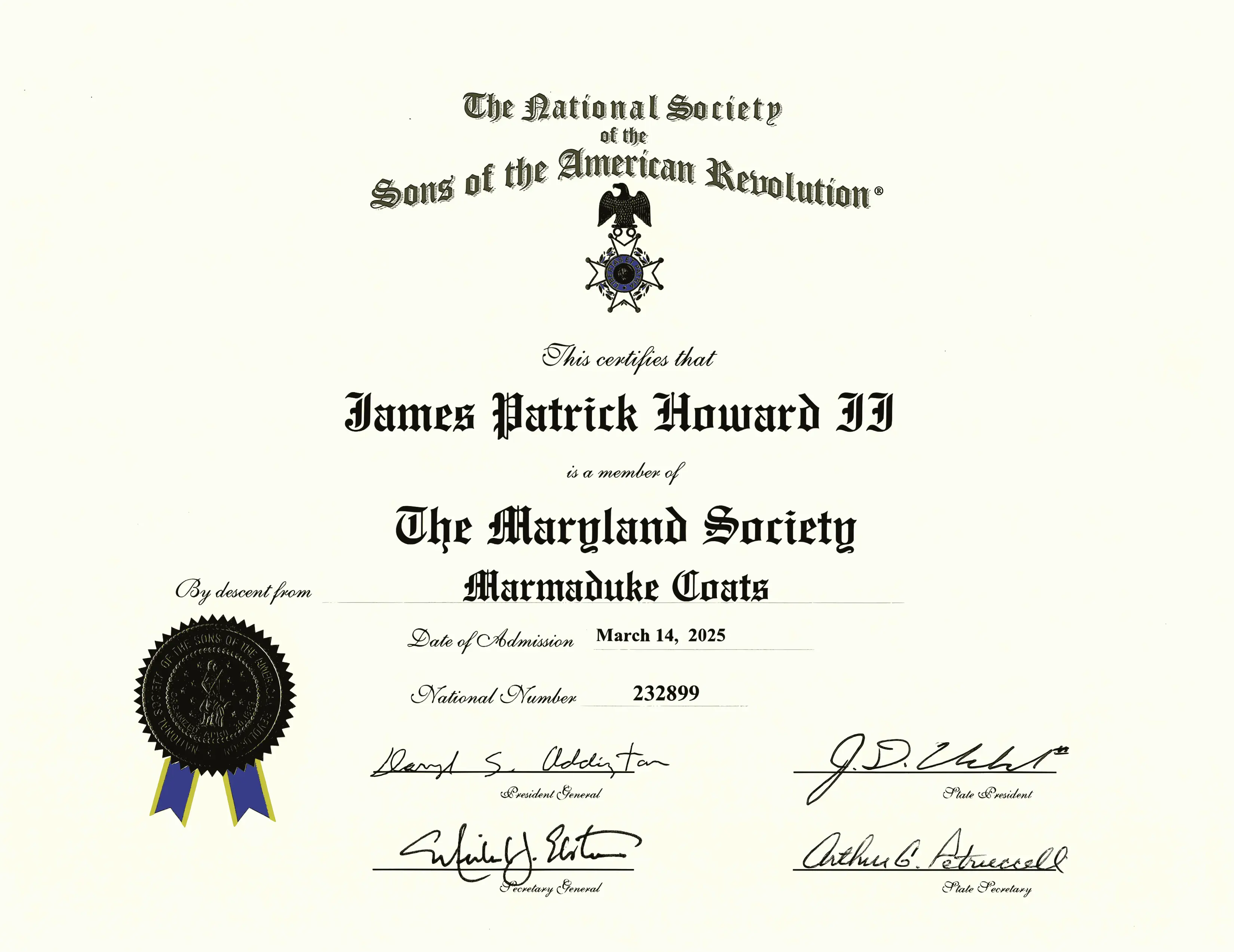 Membership certificate in the National Society of the Sons of the American Revolution