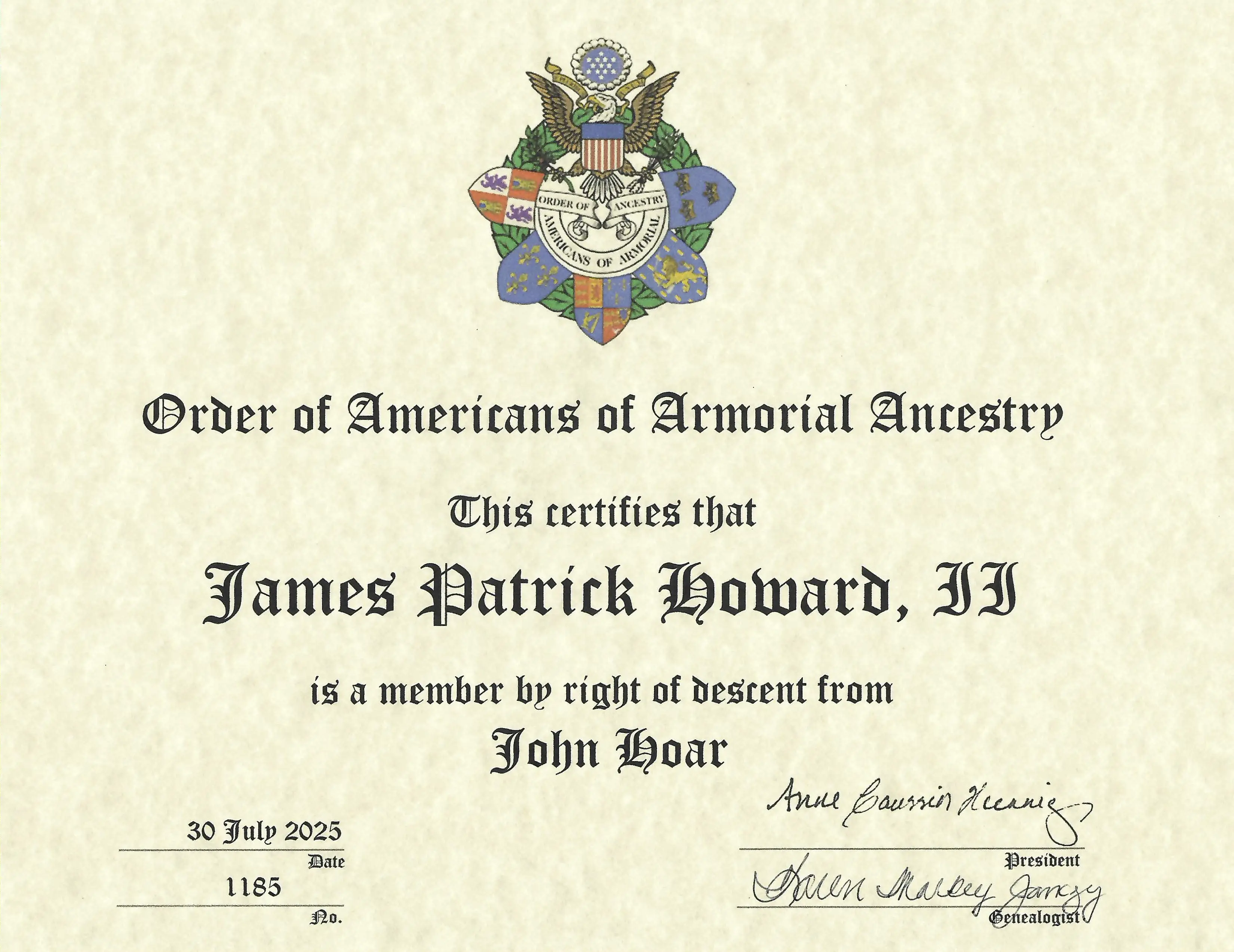Membership certificate in the Order of Americans of Armorial Ancestry