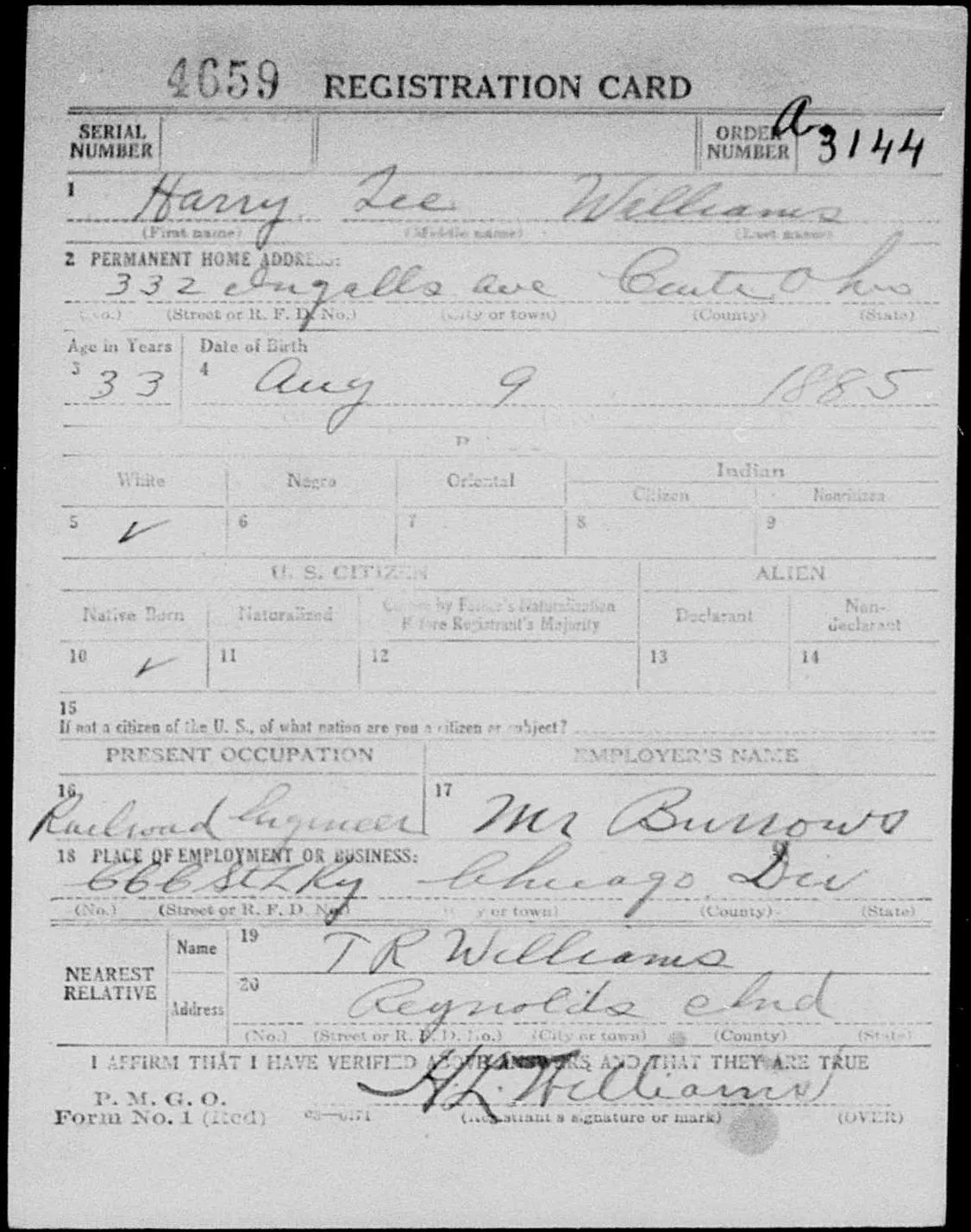 Harry Williams World War I draft card (front)