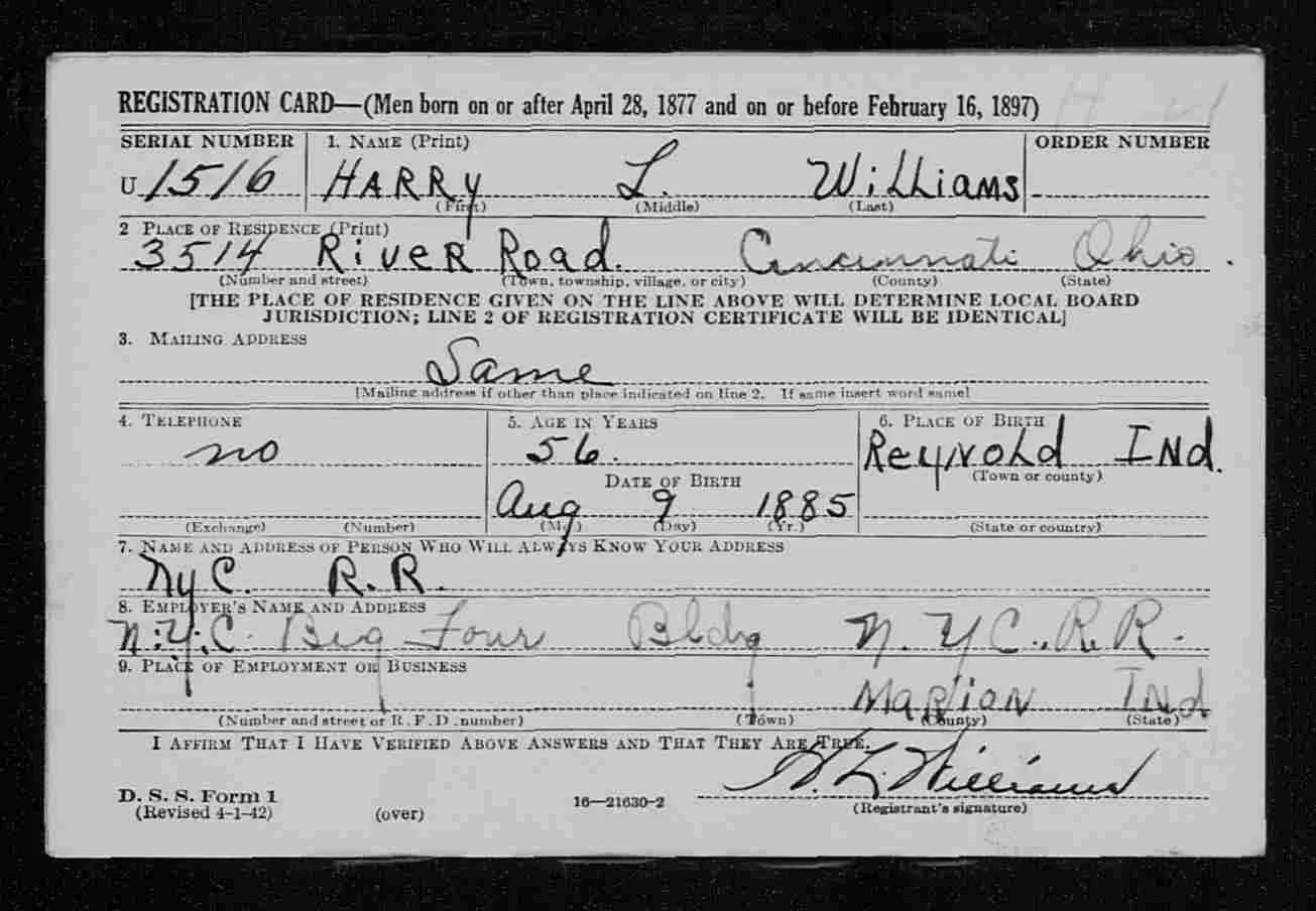 Harry Williams World War II draft card (front)