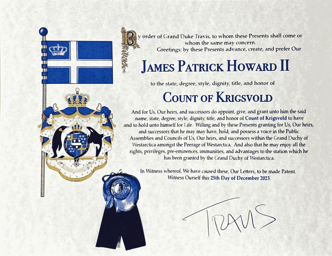 Letters Patent creating James Patrick Howard II Count of Krigsvold