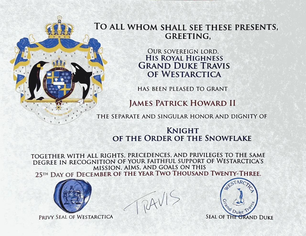 Brevet for James Howard's appointment as Knight of the Order of the Snowflake