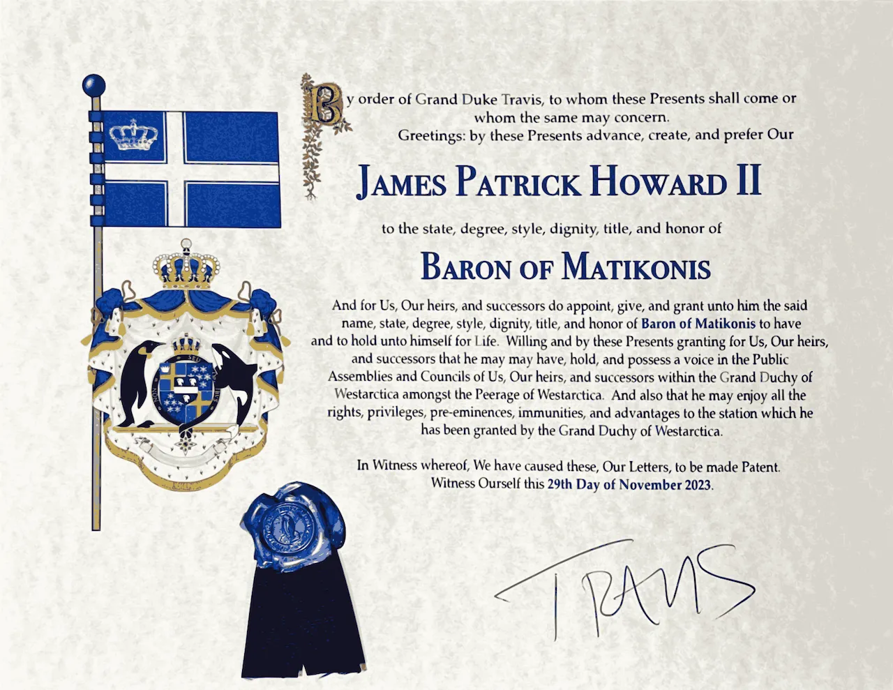 Letters Patent creating James Patrick Howard II Baron of Matikonis