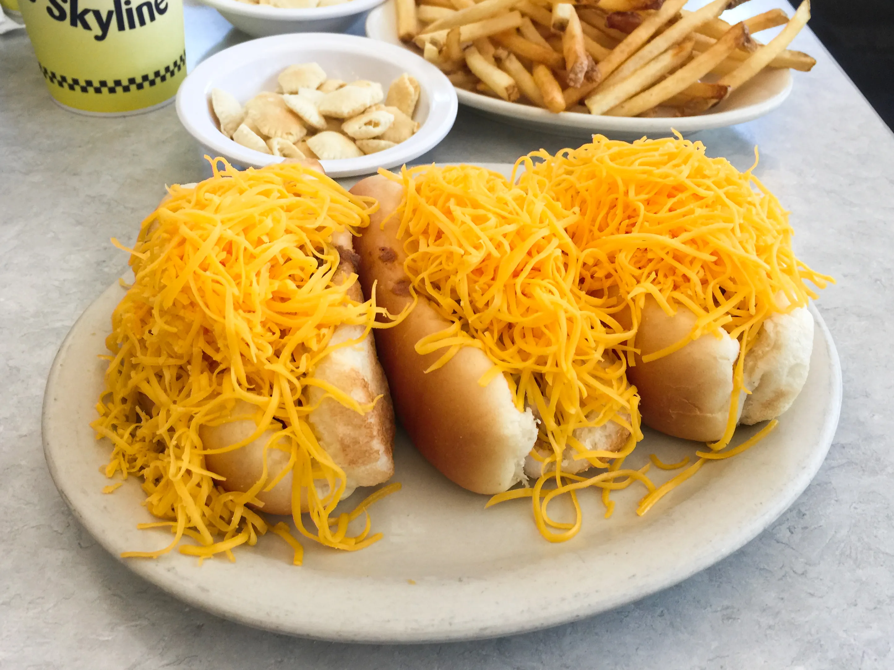 Cincinnati-style chili on a coney hotdog